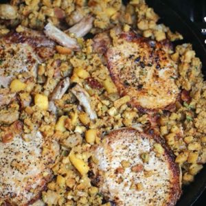 pan seared pork chops with apple sausage stuffing recipe image