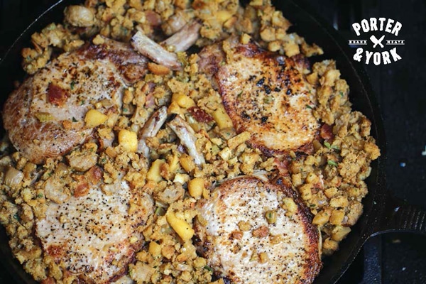 pan seared pork chops with apple sausage stuffing recipe image