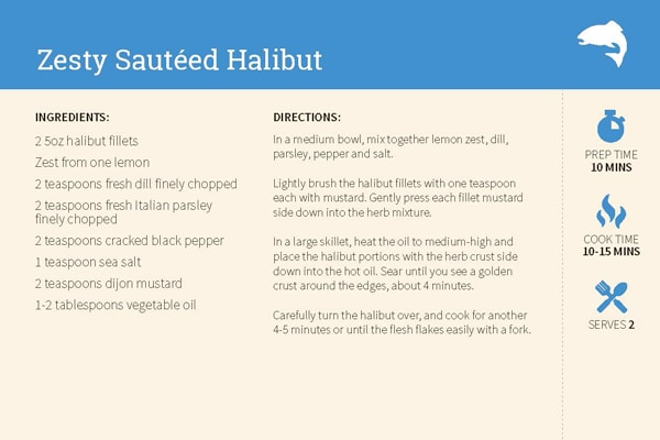 zesty sautéed halibut recipe card